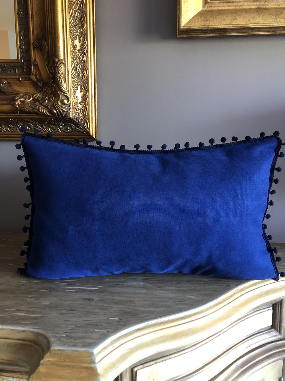 Lacivert Ponponlu Yastık Kılıfı (Uzun)