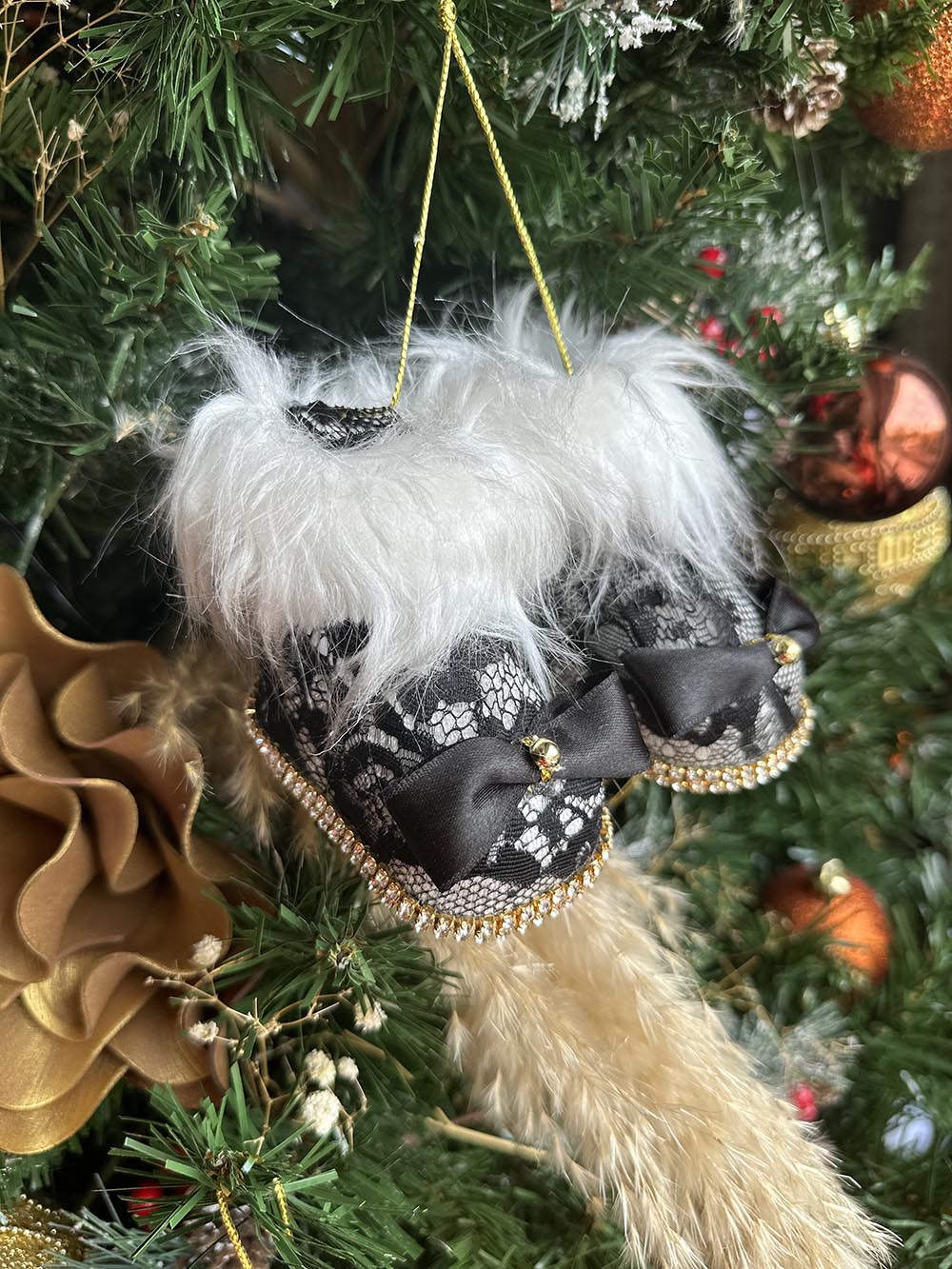 Yılbaşı Çam Ağacı Süsü Siyah Dantelli Patik