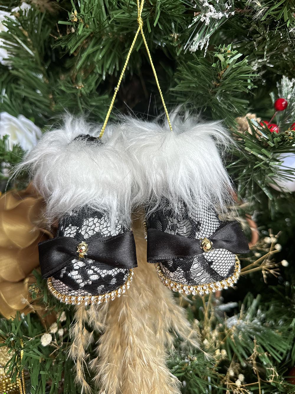 Yılbaşı Çam Ağacı Süsü Siyah Dantelli Patik