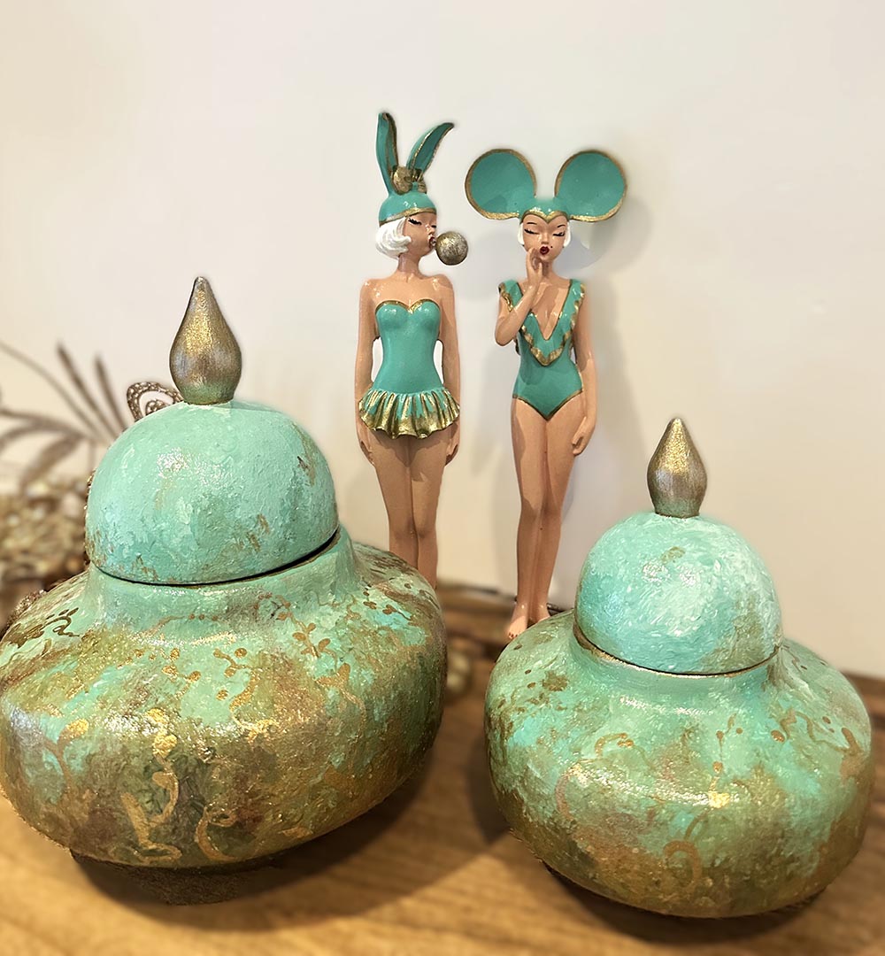 2 Li Seramik Yeşil El Boyaması Küp ,Dekoratif Desenli Obje ,Ev Aksesuarı