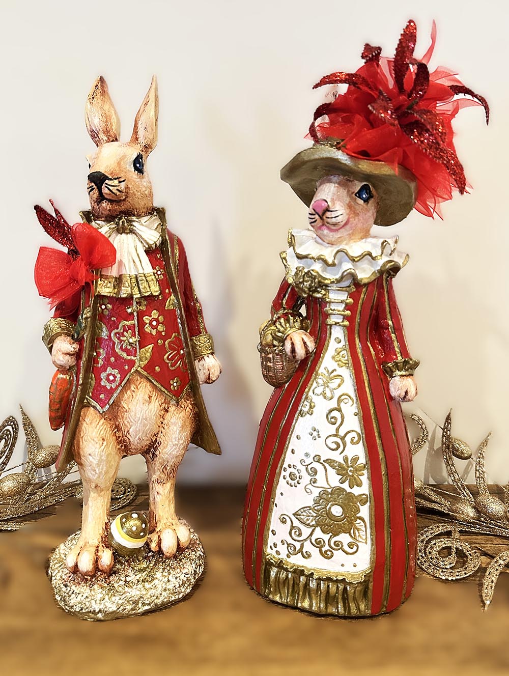 Kırmızılı Tavşan Ailesi -Dekoratif Tavşan Çift Heykel ,Paskalya ,Yılbaşı Aksesuarları Biblo