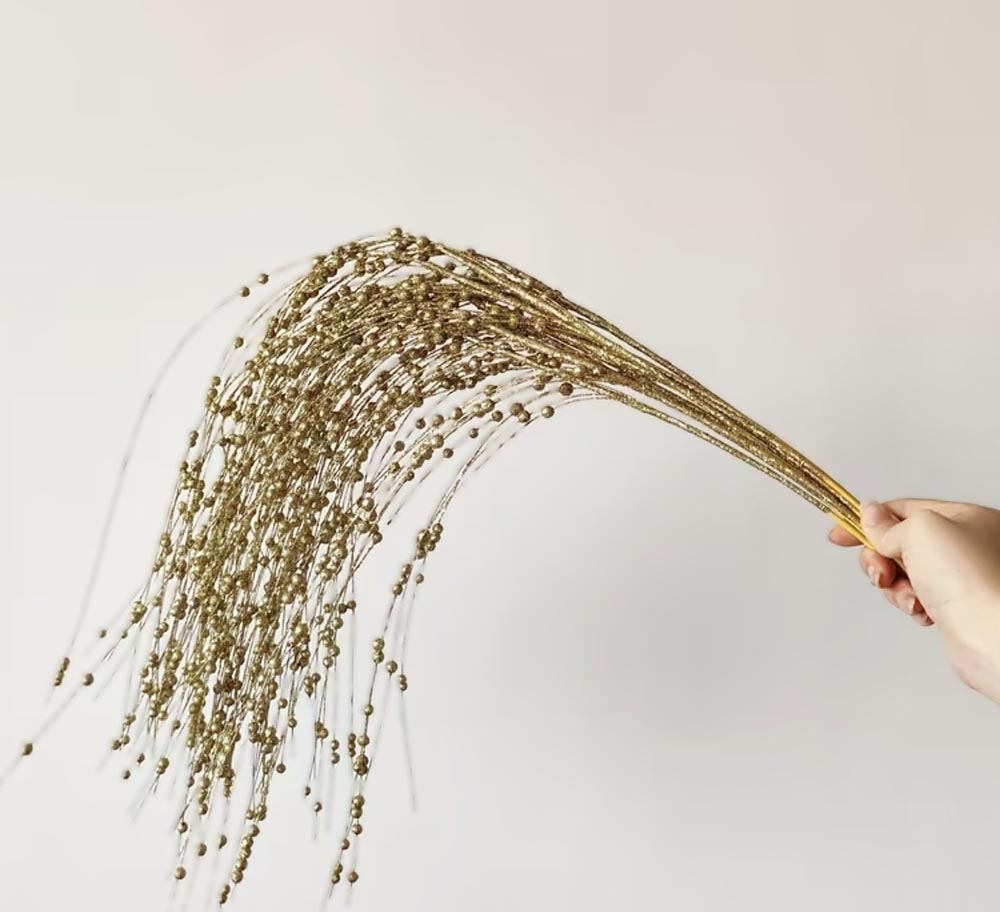 Boncuklu Pırıltılı Gold Simli Yılbaşı Çam Ağacı Süsü Dalı -  Yılbaşı Dekor Süsleme Dalı