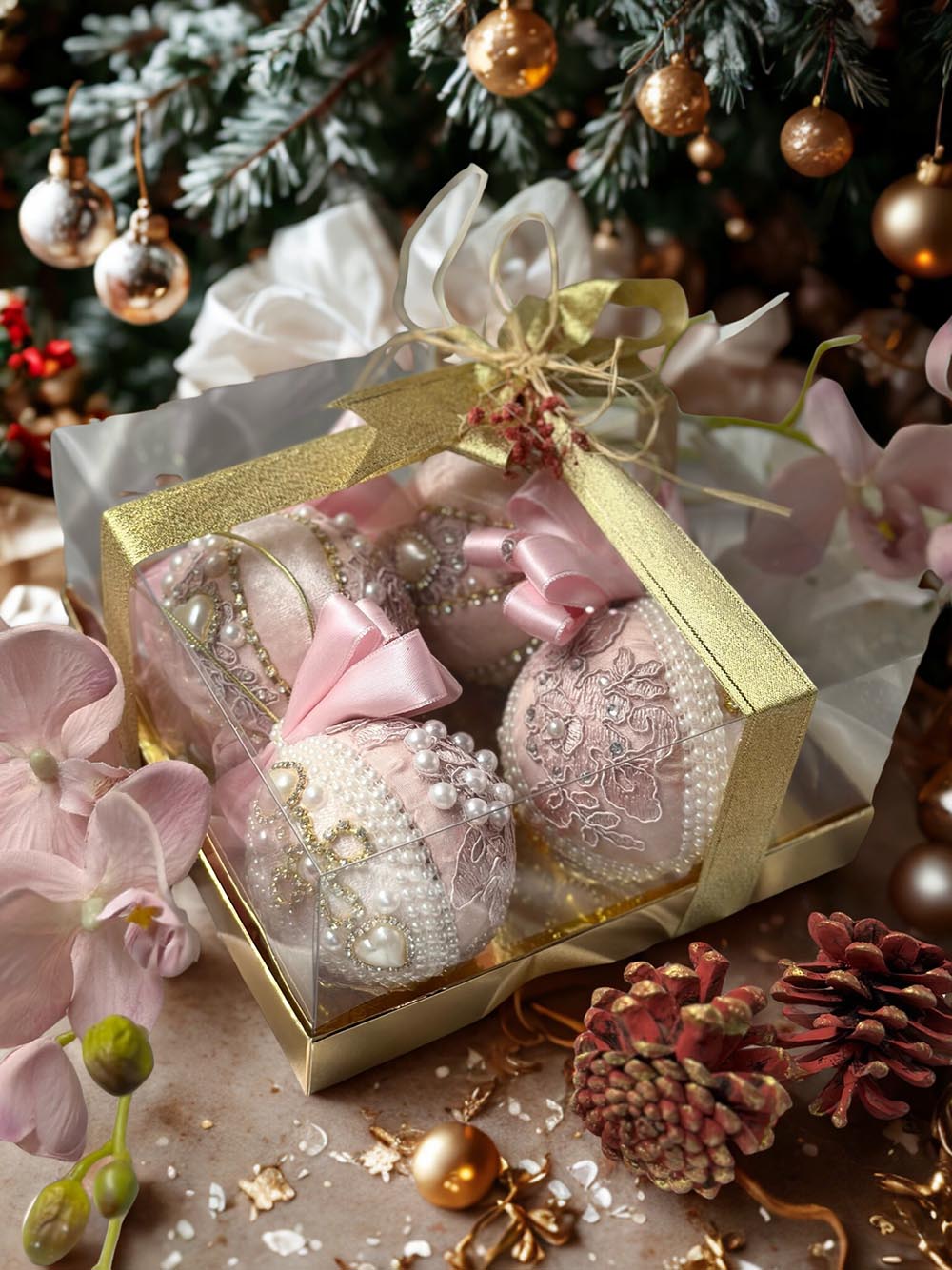 Yılbaşı Çam Ağacı Süsü - Pembe Taşlı8 Cm Kadife Yılbaşı Ağacı Topu  Hediye Kutulu