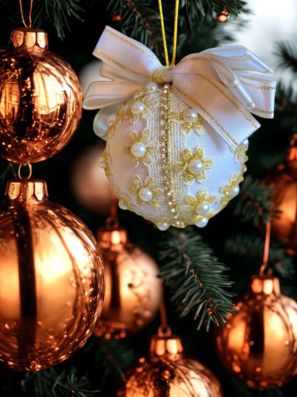 Beyaz Papatyalı Çam Ağacı Süsü - 8 Cm Yılbaşı Çam Ağacı Topu