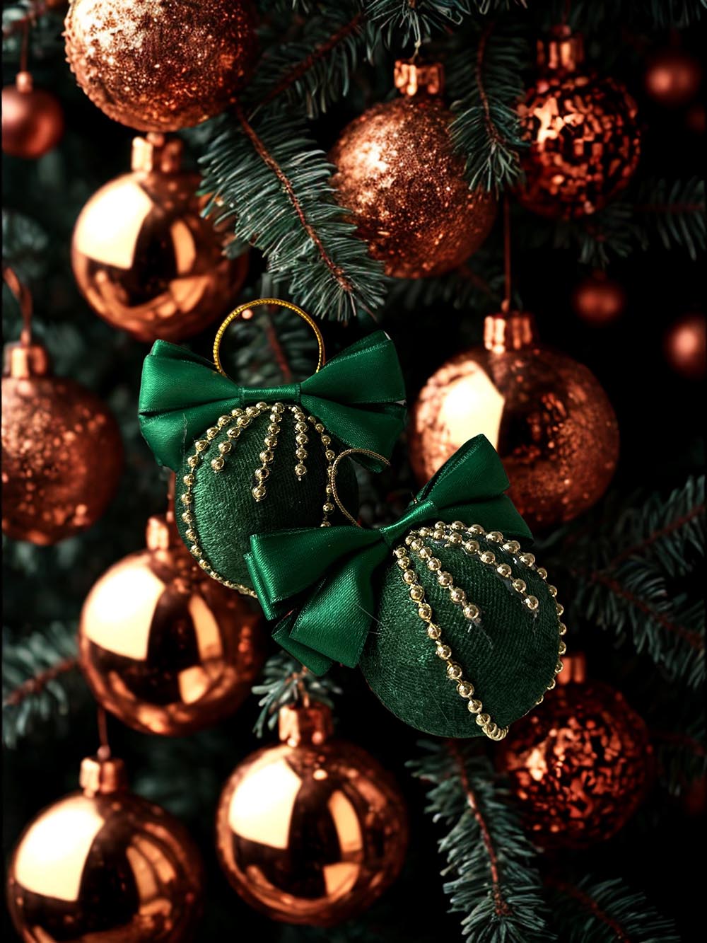 Yeşil Kadife Çam Ağacı Süsü - 8 Cm Fiyonklu Yılbaşı Çam Ağacı Topu