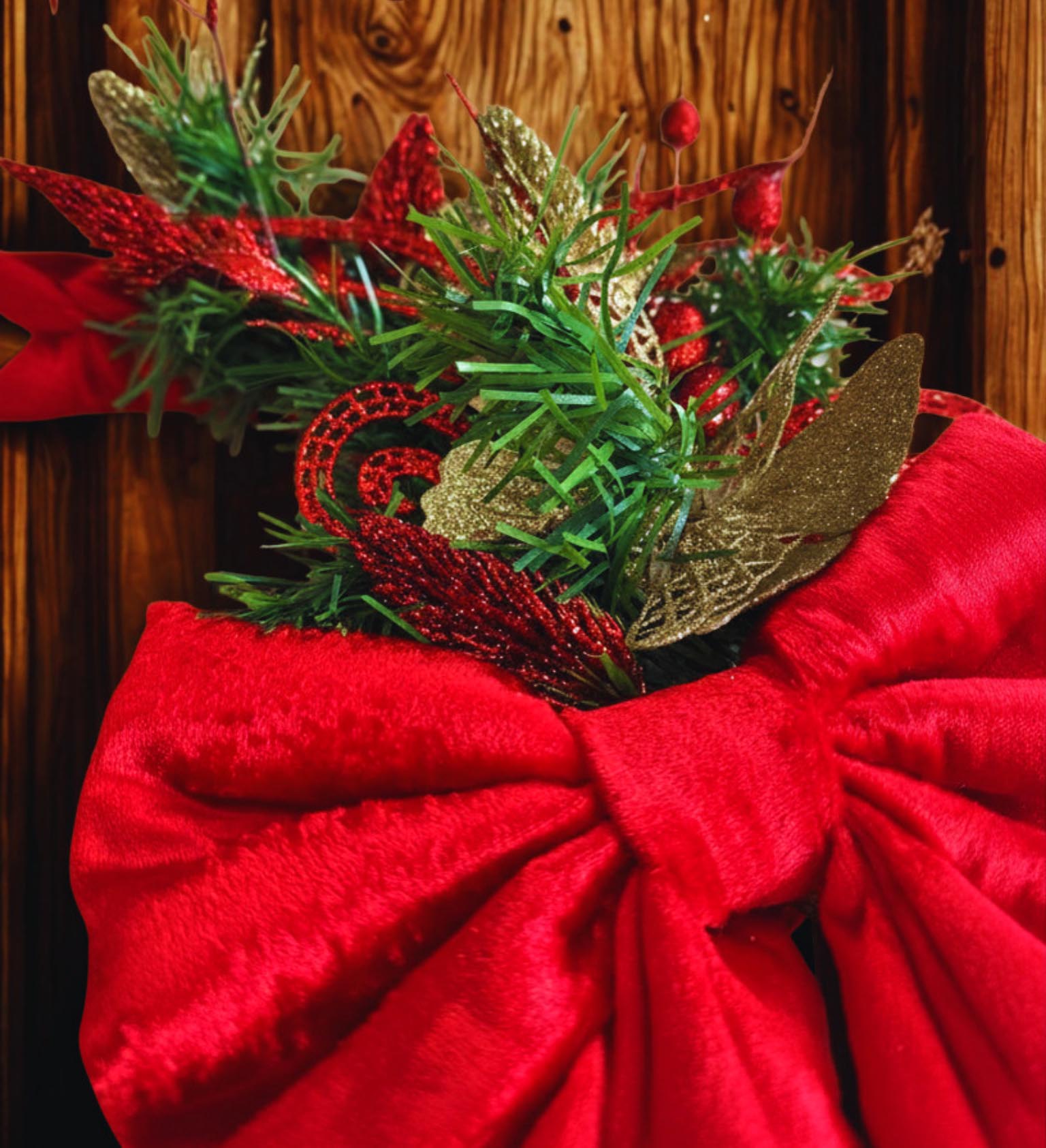 Kırmızı Kadife Yılbaşı Kapı Süsü - Yılbaşı Şık Kapı Çelenk